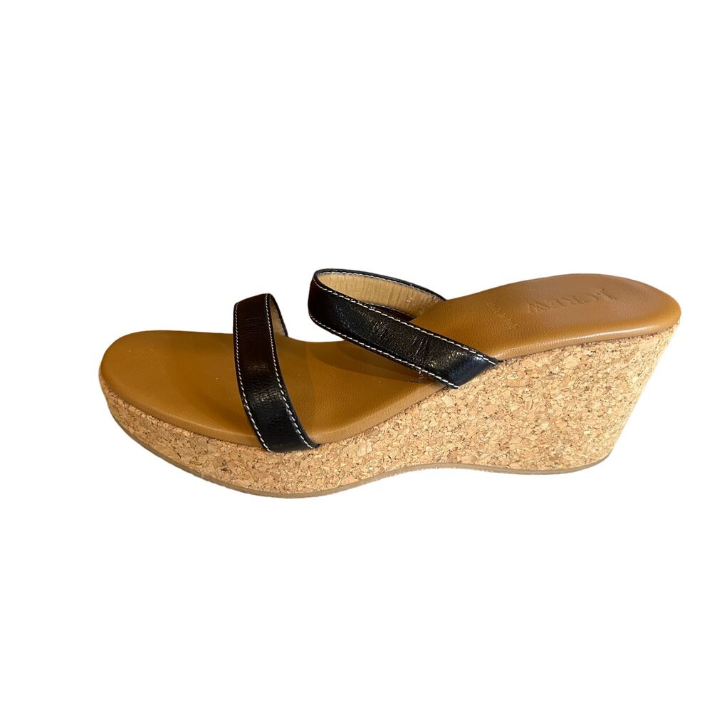 J Crew Strappy Leather Cork Platform Wedge Sandals Black 8